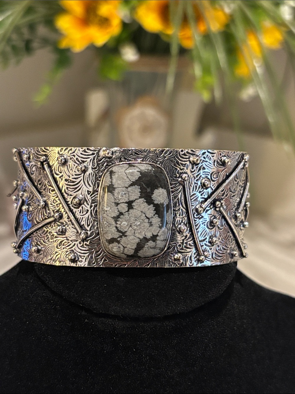 Handcrafted Silver Cuff Bracelet Snowflake Obsidian Gemstone - Adjustable